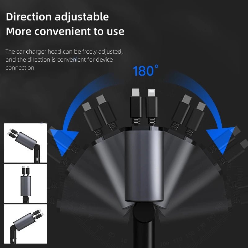 "4 - in - 1 Retractable Car Charger 120W Fast Charging Adapter with Dual USB Ports – Universal Compatibility - BuyfromSwiss