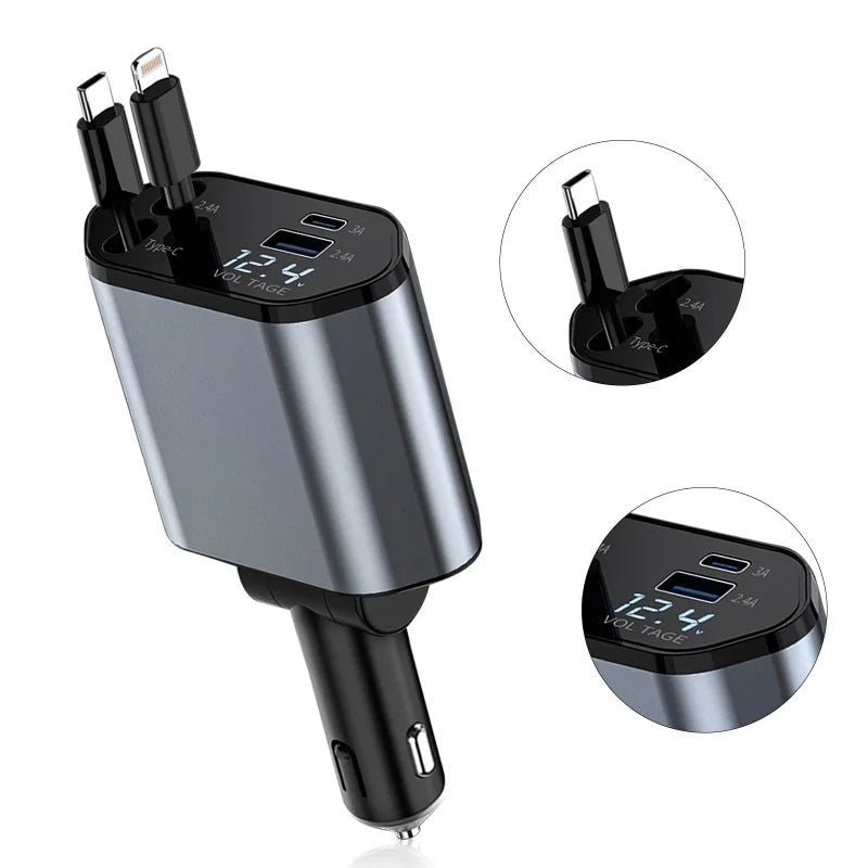 "4 - in - 1 Retractable Car Charger 120W Fast Charging Adapter with Dual USB Ports – Universal Compatibility - BuyfromSwiss