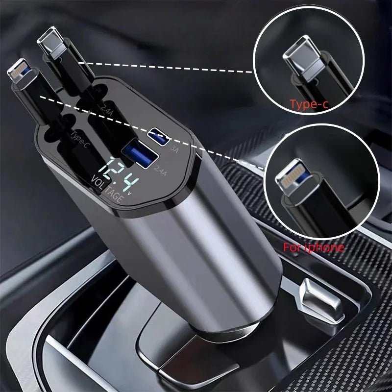 "4 - in - 1 Retractable Car Charger 120W Fast Charging Adapter with Dual USB Ports – Universal Compatibility - BuyfromSwiss