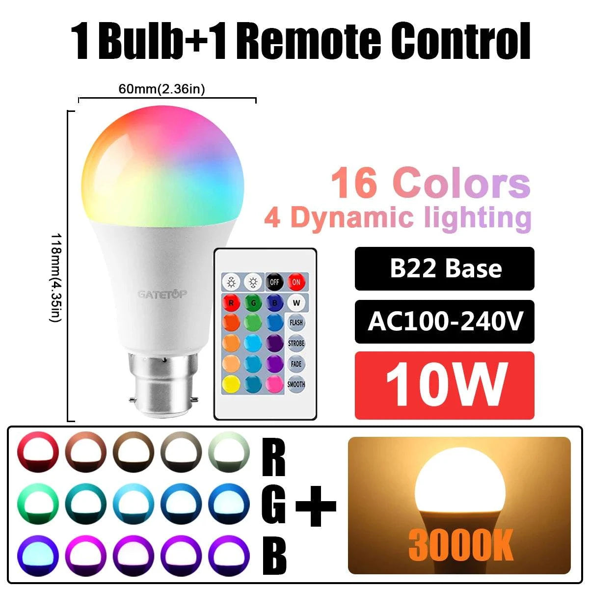 Color Changing LED Bulb – RGBW, Dimmable, Remote