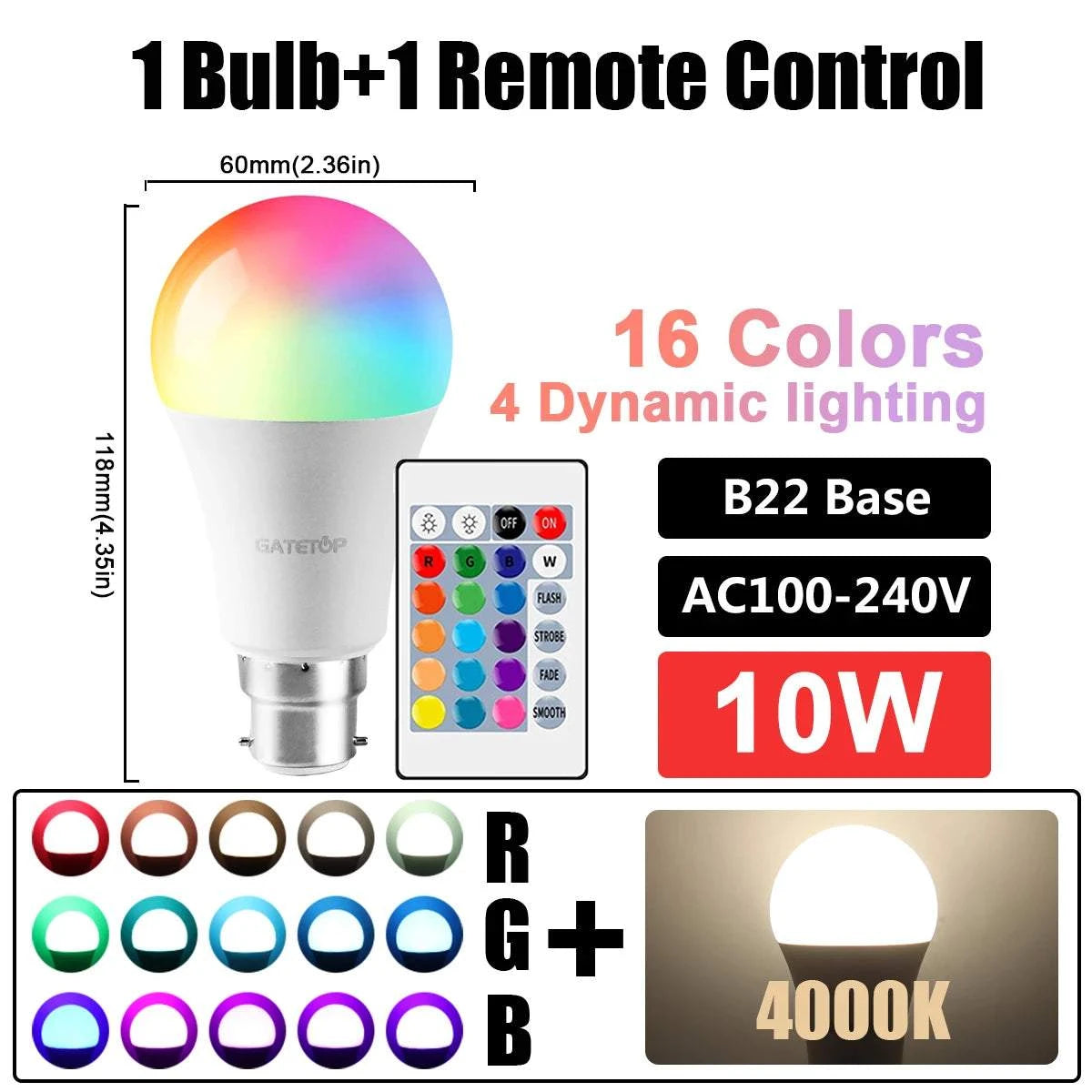 Color Changing LED Bulb – RGBW, Dimmable, Remote
