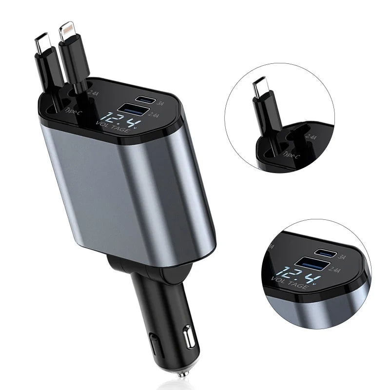 "4-in-1 Retractable Car Charger 120W Fast Charging Adapter with Dual USB Ports – Universal Compatibility