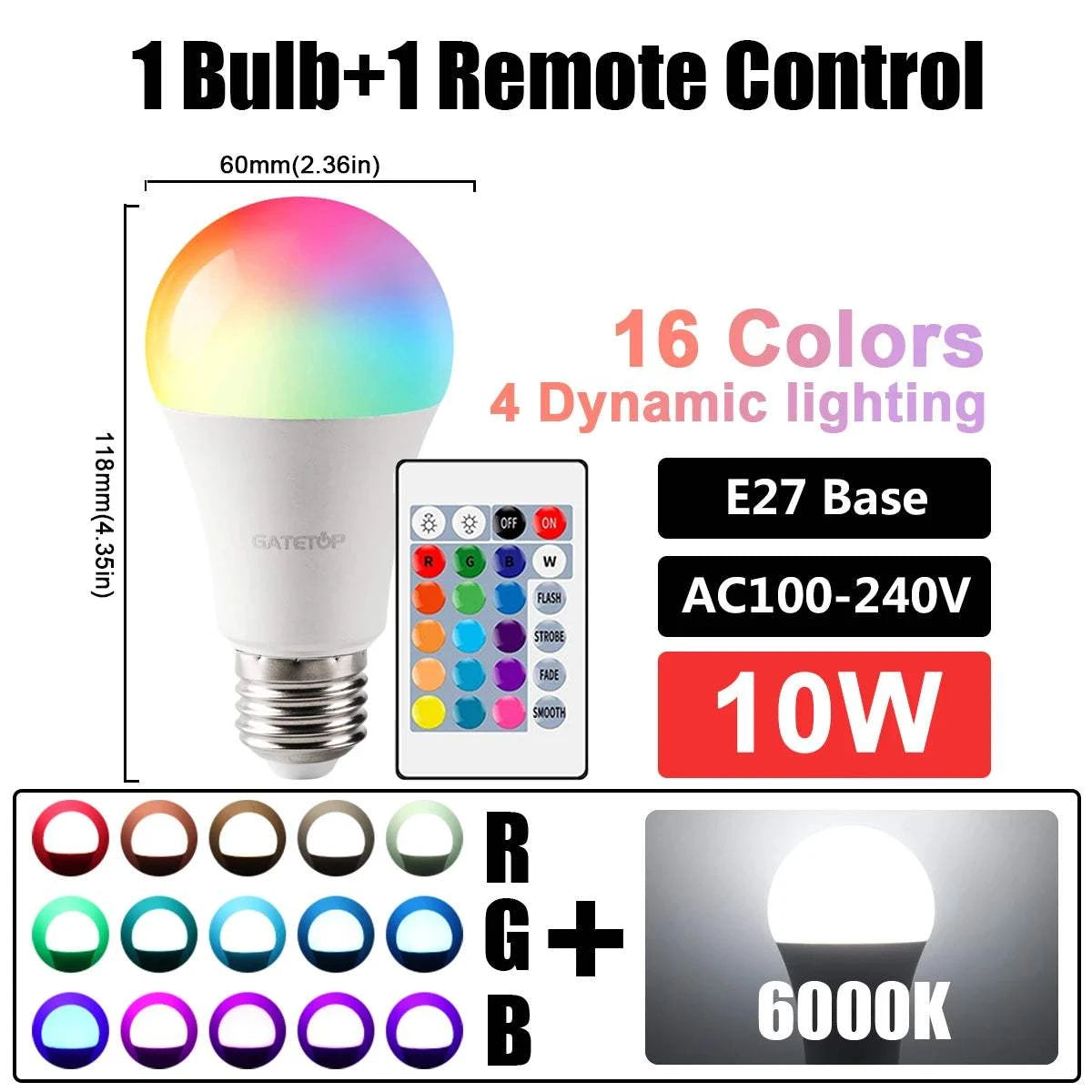 Color Changing LED Bulb – RGBW, Dimmable, Remote