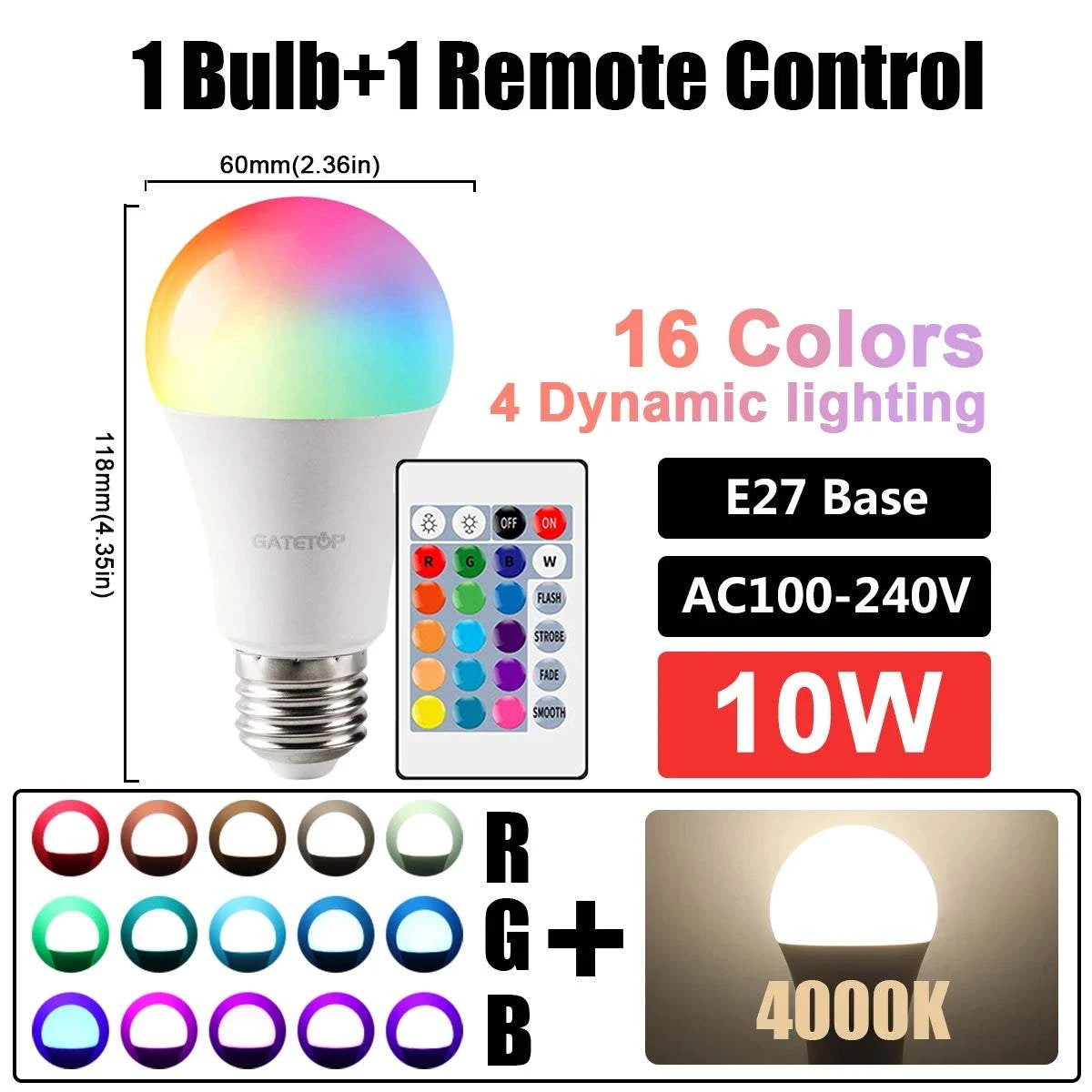 Color Changing LED Bulb – RGBW, Dimmable, Remote