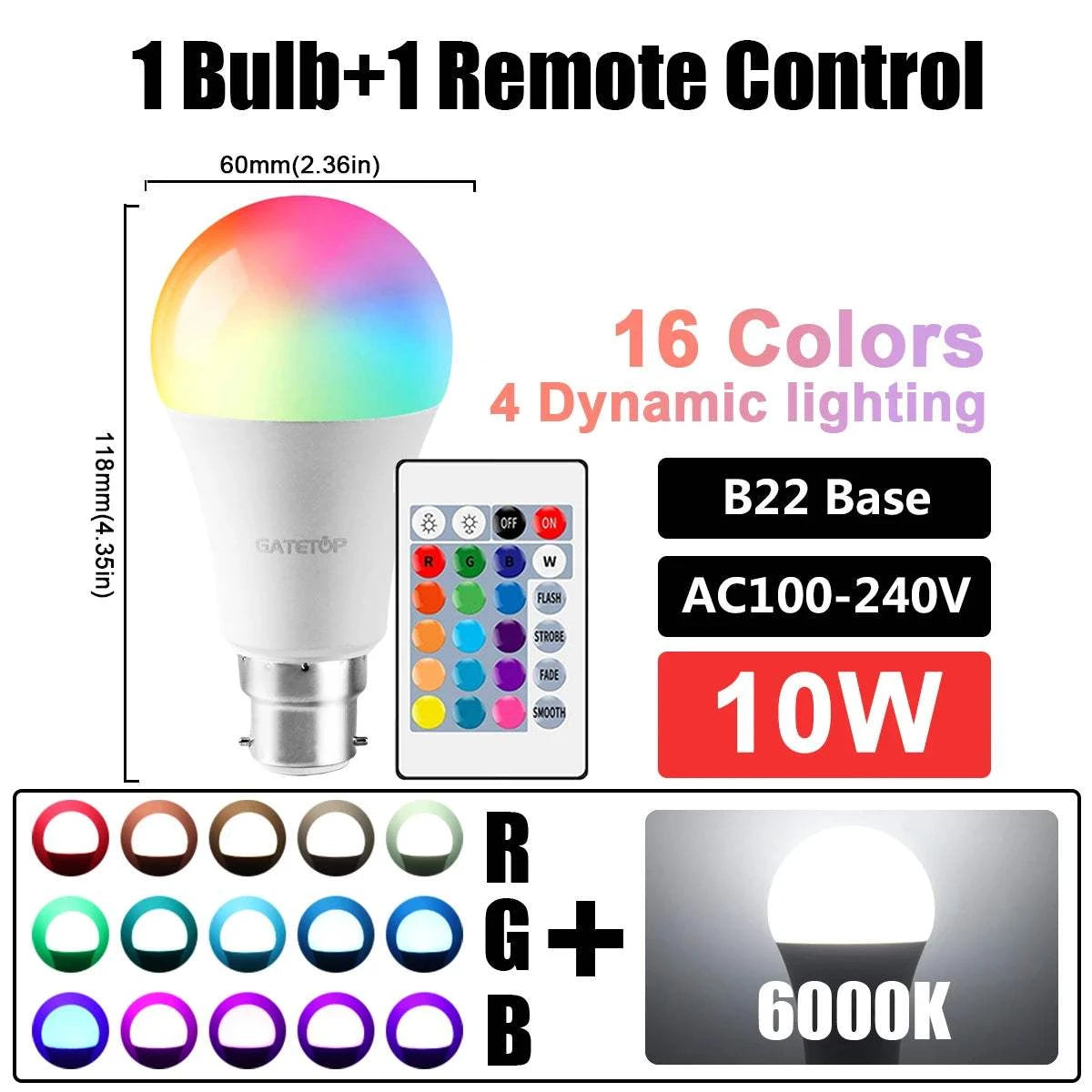 Color Changing LED Bulb – RGBW, Dimmable, Remote